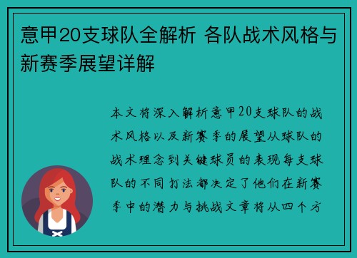 意甲20支球队全解析 各队战术风格与新赛季展望详解